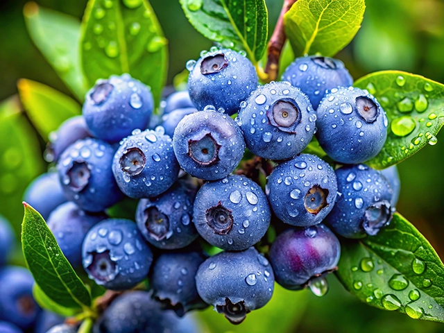 Close-up of a cluster of fresh blueberries glistening with dewdrops, surrounded by green leaves.