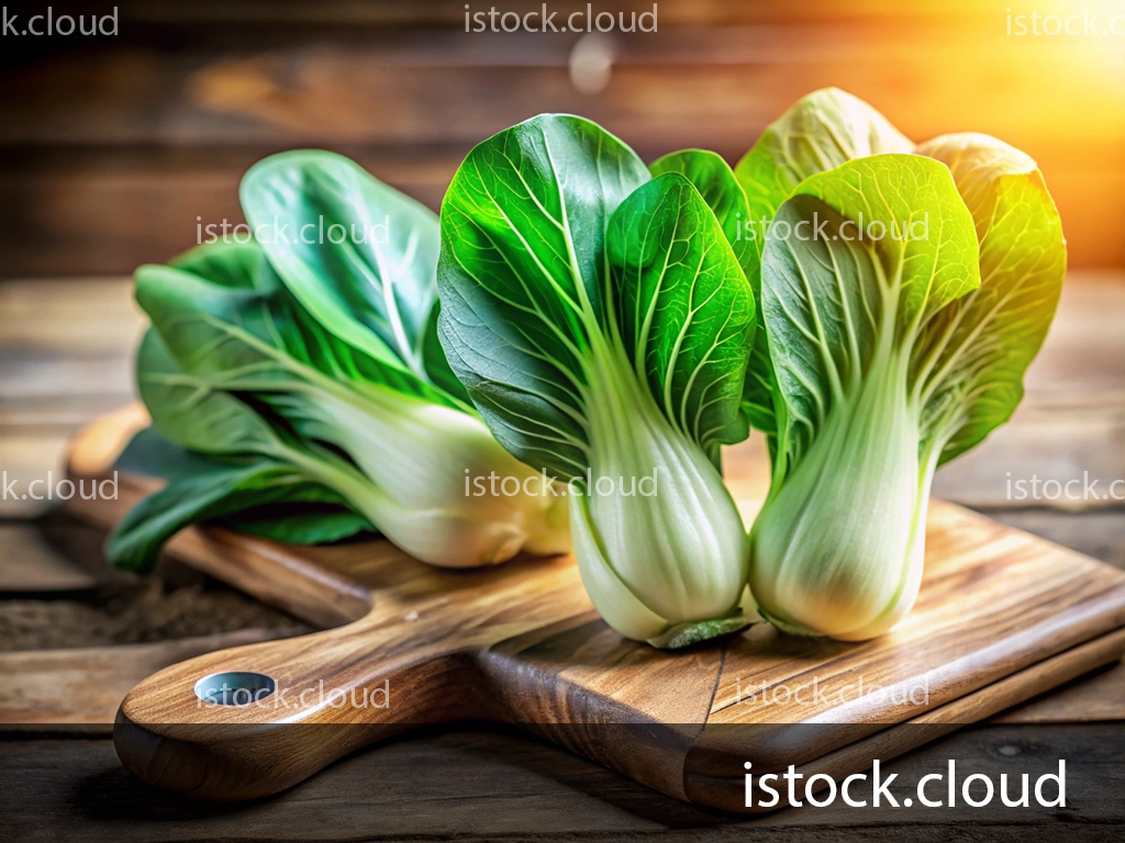 Two bunches of bok choy with vibrant green leaves placed on a wooden cutting board, illuminated by warm sunlight.