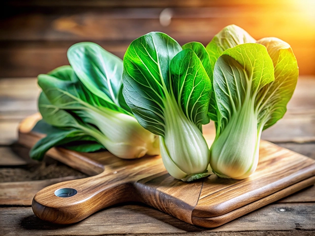 Two bunches of bok choy with vibrant green leaves placed on a wooden cutting board, illuminated by warm sunlight.