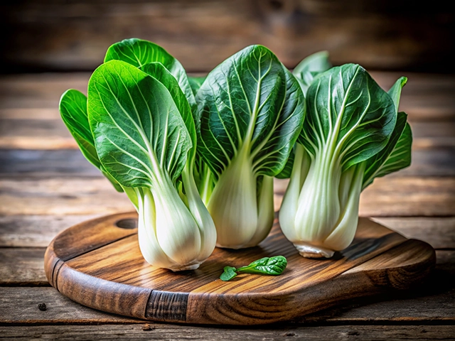 A trio of fresh bok choy with vibrant green leaves placed on a round wooden cutting board, showcasing their crisp texture against a rustic wooden background.