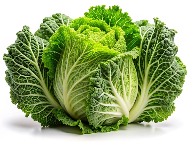 A fresh savoy cabbage with vibrant green leaves and intricate texture, isolated on a white background.