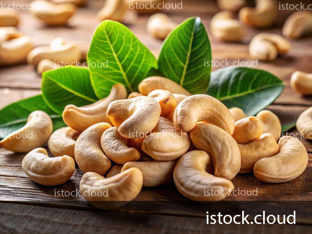 A close-up view of raw cashew nuts resting on a wooden surface, accompanied by green leaves.