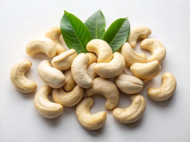 A cluster of raw cashew nuts accompanied by fresh green leaves, arranged on a white surface.