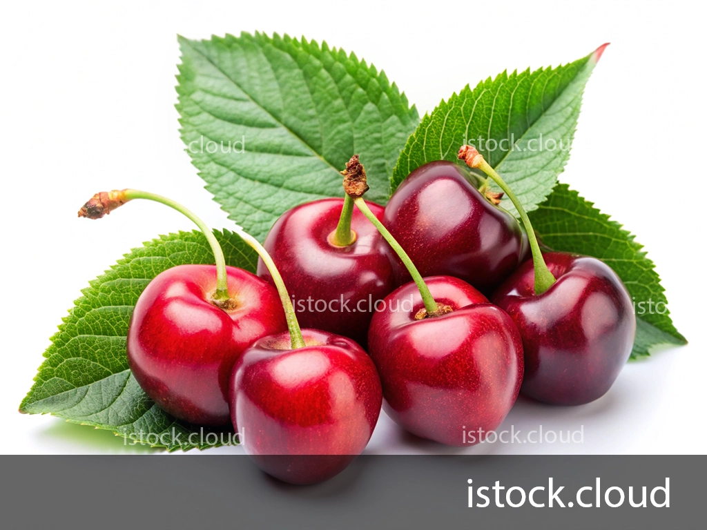 A cluster of ripe red cherries resting on green leaves, set against a white background.