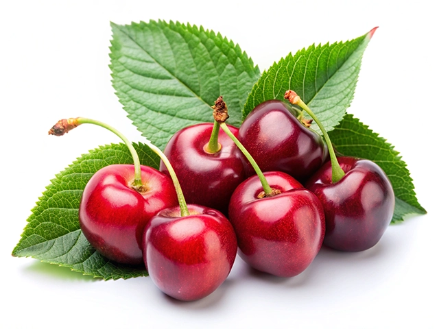 A cluster of ripe red cherries resting on green leaves, set against a white background.