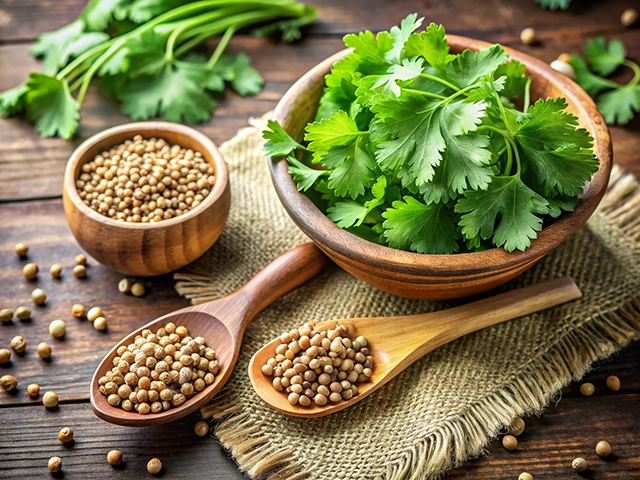 A wooden bowl filled with fresh coriander leaves, accompanied by two wooden spoons and a wooden bowl containing coriander seeds. The scene is set on a rustic wooden table, with scattered coriander seeds and some coriander leaves in the background.
