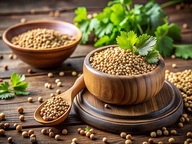 Close-up of two wooden bowls filled with coriander seeds and fresh coriander leaves on a wooden table.