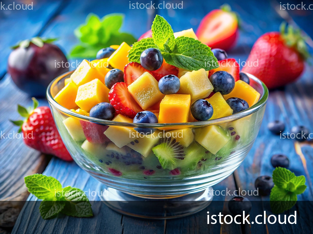 A vibrant bowl of mixed fresh fruit salad featuring strawberries, blueberries, mango, and kiwi, garnished with mint leaves, set on a rustic wooden surface.