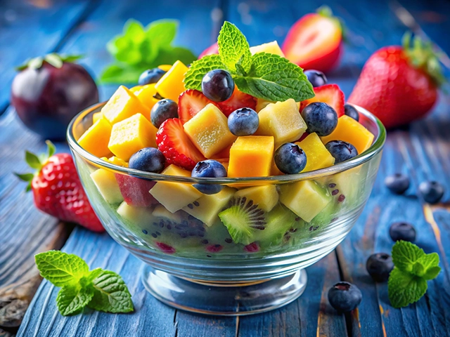 A vibrant bowl of mixed fresh fruit salad featuring strawberries, blueberries, mango, and kiwi, garnished with mint leaves, set on a rustic wooden surface.