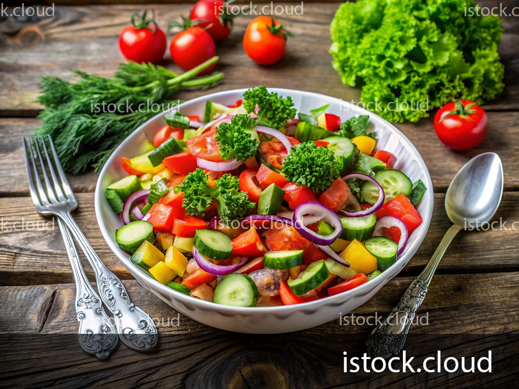 A vibrant bowl of fresh garden salad featuring tomatoes, cucumbers, bell peppers, and red onions, garnished with parsley, alongside fresh herbs and cherry tomatoes on a rustic wooden table.
