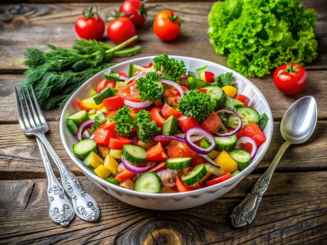 A vibrant bowl of fresh garden salad featuring tomatoes, cucumbers, bell peppers, and red onions, garnished with parsley, alongside fresh herbs and cherry tomatoes on a rustic wooden table.