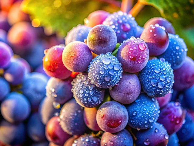 Close-up image of a cluster of grapes covered in droplets of water, showcasing a spectrum of colors from purple to pink.