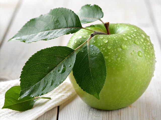 A close-up view of a fresh green apple resting on a wooden surface, adorned with green leaves and droplets of water.