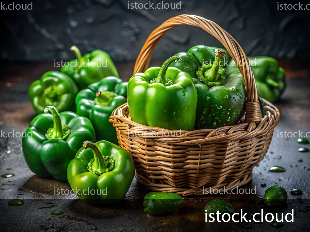 A woven basket filled with fresh green bell peppers, surrounded by scattered peppers on a dark, textured surface with droplets of water.