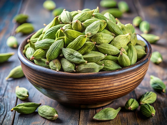 A rustic bowl filled with vibrant green cardamom pods, surrounded by scattered pods on a wooden surface.