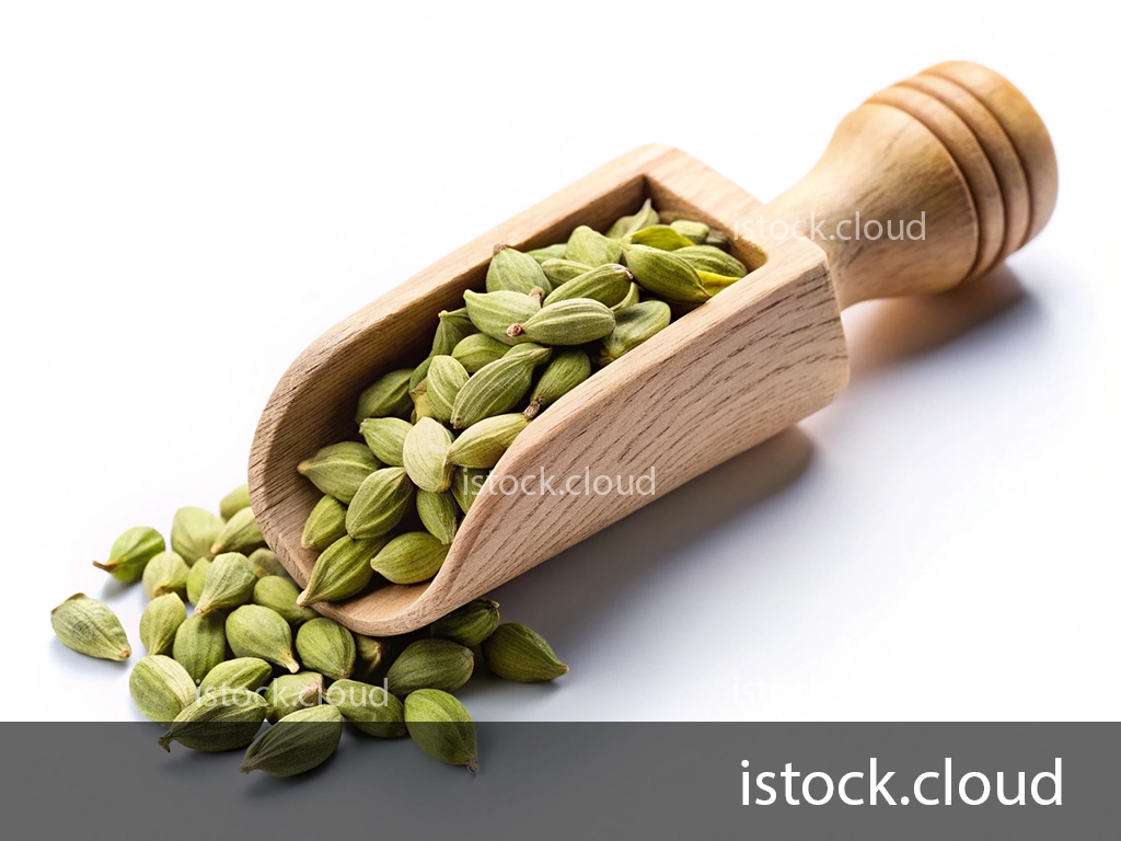 A wooden scoop filled with green cardamom pods, with several pods scattered around the scoop on a white background.