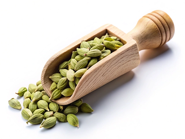 A wooden scoop filled with green cardamom pods, with several pods scattered around the scoop on a white background.