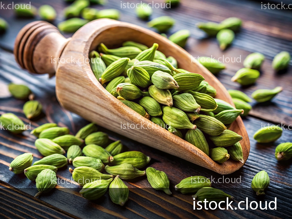 A wooden scoop filled with fresh green cardamom pods, surrounded by scattered cardamom on a wooden surface.