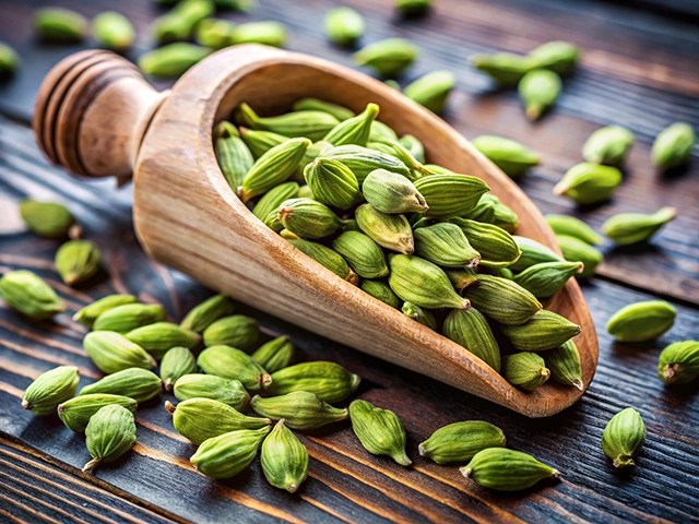 A wooden scoop filled with fresh green cardamom pods, surrounded by scattered cardamom on a wooden surface.