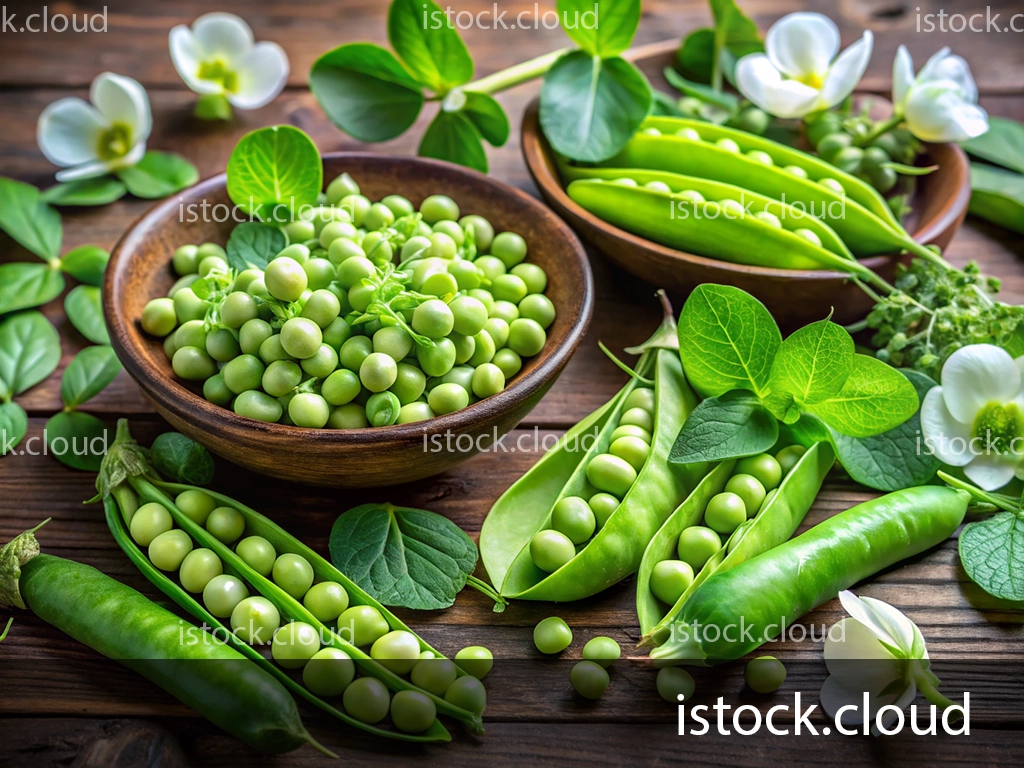 A vibrant display of fresh green peas and pods arranged on a wooden table, accompanied by delicate white flowers and green leaves. Two wooden bowls contain assorted green peas, with some pea pods partially opened, showcasing their contents.