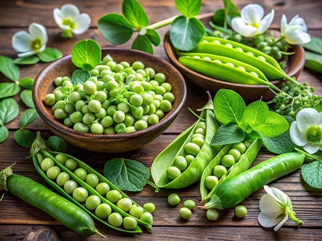 A vibrant display of fresh green peas and pods arranged on a wooden table, accompanied by delicate white flowers and green leaves. Two wooden bowls contain assorted green peas, with some pea pods partially opened, showcasing their contents.