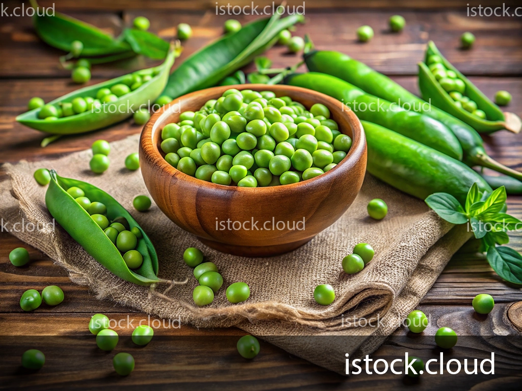 A wooden bowl filled with fresh green peas sits on a burlap cloth, surrounded by pea pods and scattered peas on a rustic wooden table.