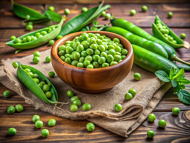 A wooden bowl filled with fresh green peas sits on a burlap cloth, surrounded by pea pods and scattered peas on a rustic wooden table.