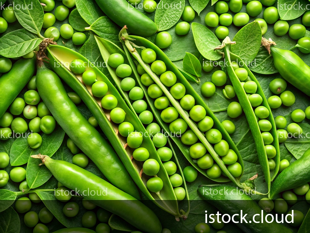 A vibrant assortment of fresh green peas, including open pods filled with peas, whole pods, and scattered peas on a bed of lush green leaves.