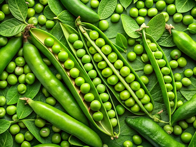 A vibrant assortment of fresh green peas, including open pods filled with peas, whole pods, and scattered peas on a bed of lush green leaves.