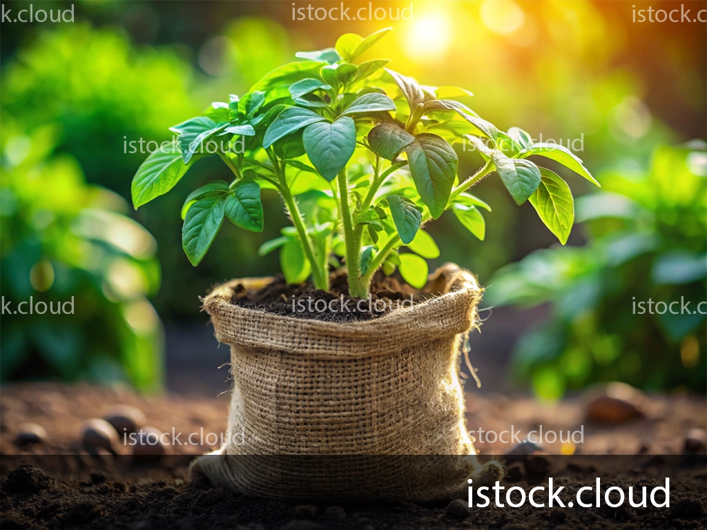 A healthy potato plant with vibrant green leaves growing in a burlap sack, surrounded by rich soil and a blurred background of more greenery, illuminated by soft sunlight.