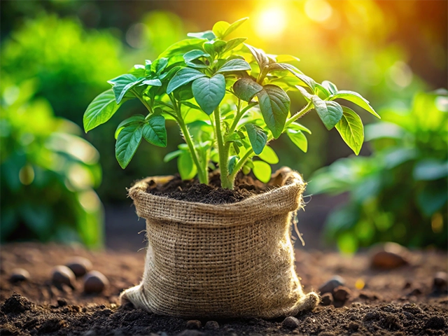 A healthy potato plant with vibrant green leaves growing in a burlap sack, surrounded by rich soil and a blurred background of more greenery, illuminated by soft sunlight.