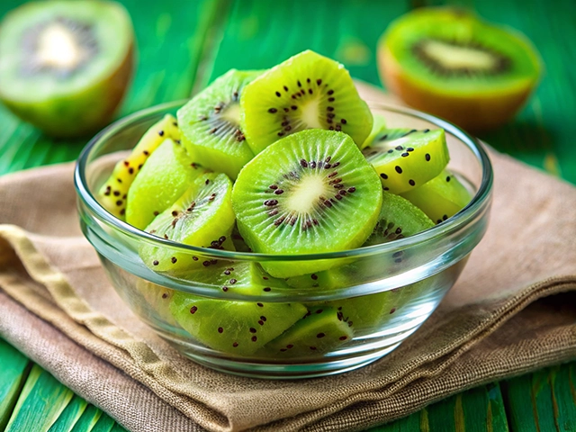 A glass bowl filled with vibrant green sliced kiwis resting on a beige cloth, with a halved kiwi in the background against a green wooden surface.