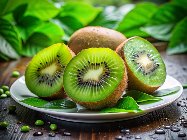 A plate with freshly cut kiwi slices revealing vibrant green flesh and black seeds, along with whole kiwis and green leaves in the background.
