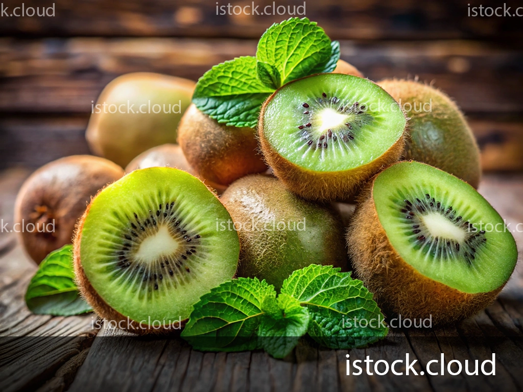 A vibrant arrangement of whole and sliced kiwis, showcasing their bright green flesh and black seeds, accompanied by fresh mint leaves, on a rustic wooden surface.
