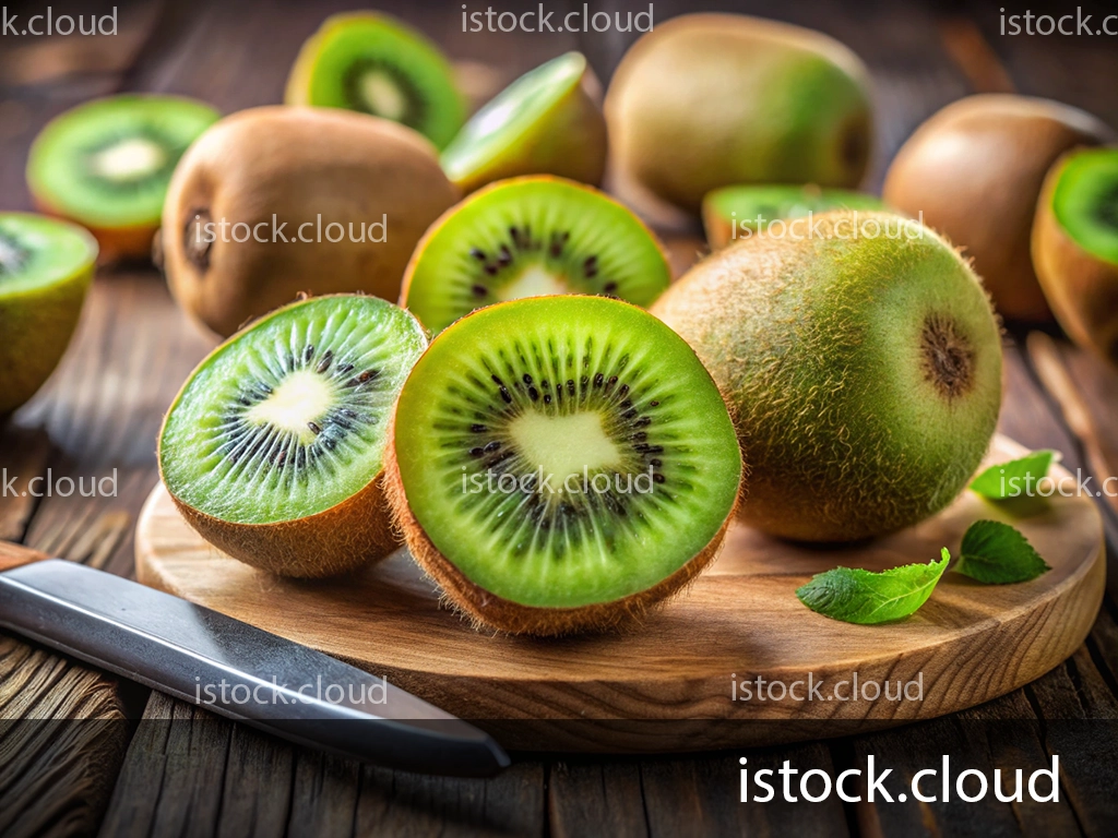 A whole and several halved kiwis on a round wooden cutting board showcasing their vibrant green flesh and black seeds. Whole kiwis are scattered around the board, and a sharp knife lies adjacent to it. Fresh green mint leaves are placed nearby.