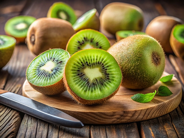 A whole and several halved kiwis on a round wooden cutting board showcasing their vibrant green flesh and black seeds. Whole kiwis are scattered around the board, and a sharp knife lies adjacent to it. Fresh green mint leaves are placed nearby.