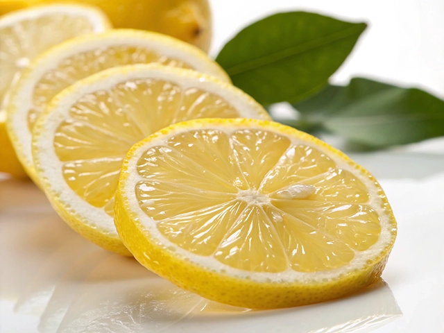 Close-up of freshly sliced lemon segments arranged neatly, showcasing their juicy texture, with green lemon leaves in the background.