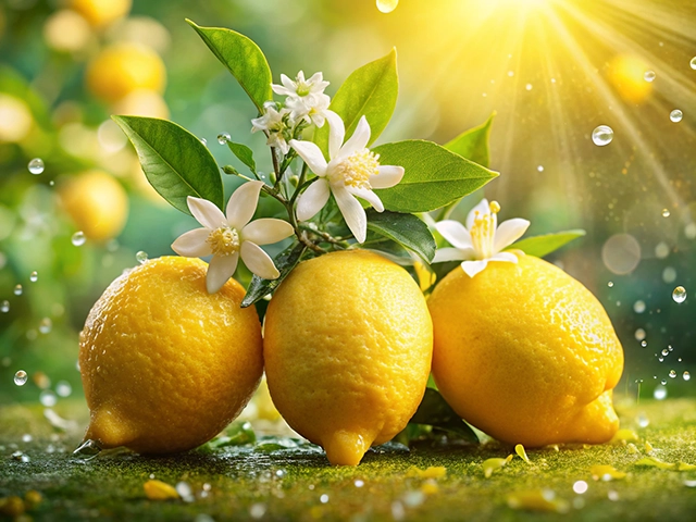 Three vibrant yellow lemons surrounded by green leaves and white blossoms, glistening with water droplets in a sunlit garden.