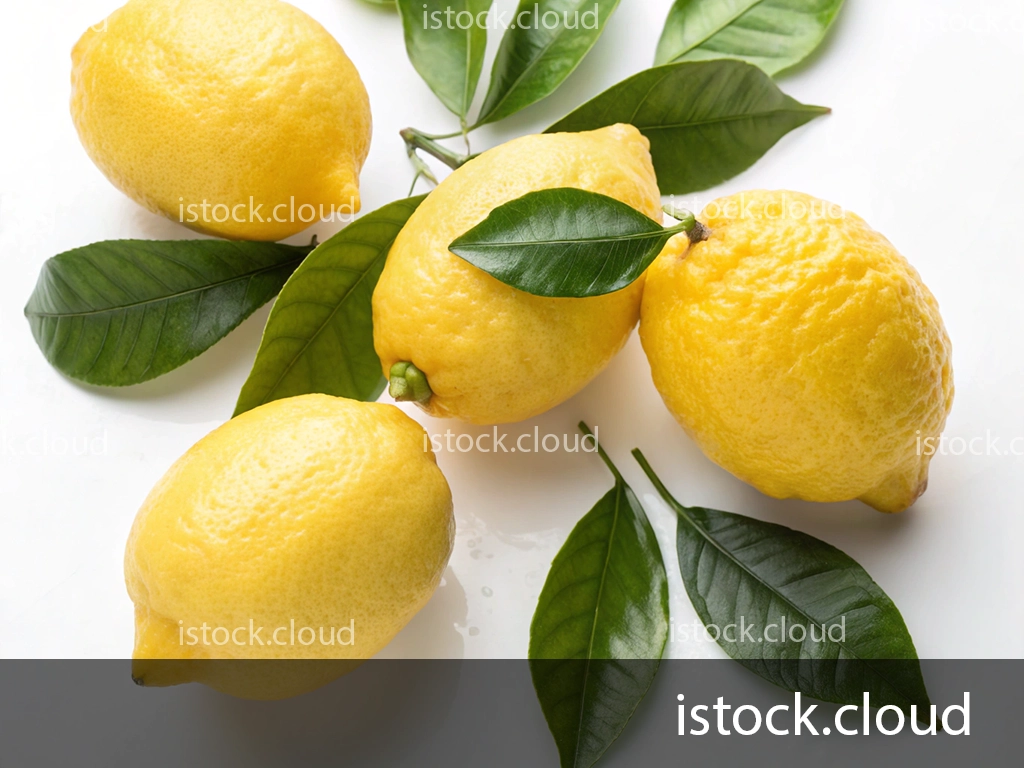 A cluster of four bright yellow lemons with green leaves arranged on a white background.