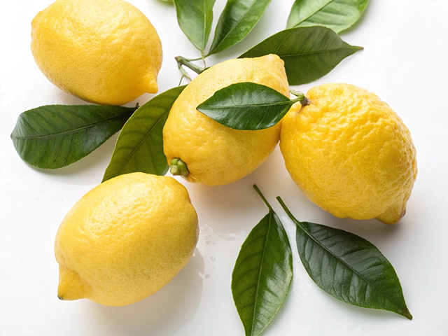 A cluster of four bright yellow lemons with green leaves arranged on a white background.
