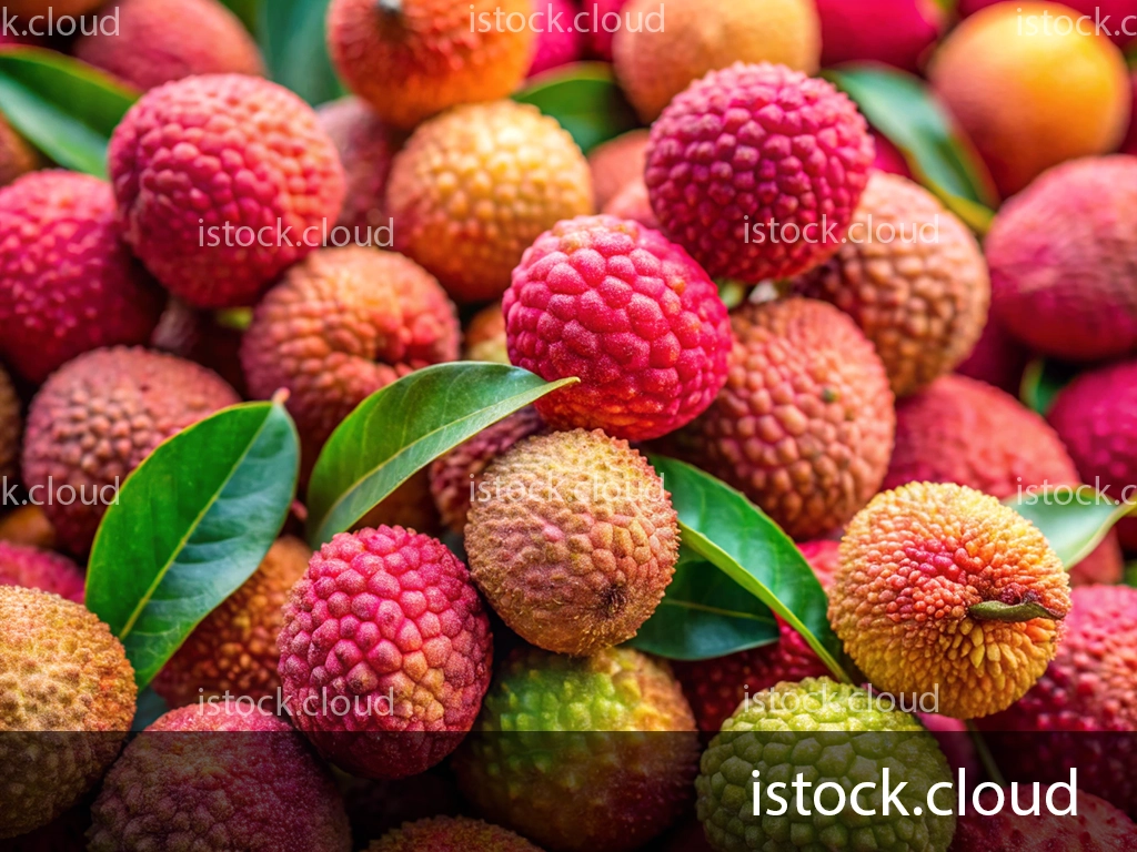 A vibrant assortment of lychee fruits in various shades of red, pink, and green, surrounded by green leaves.