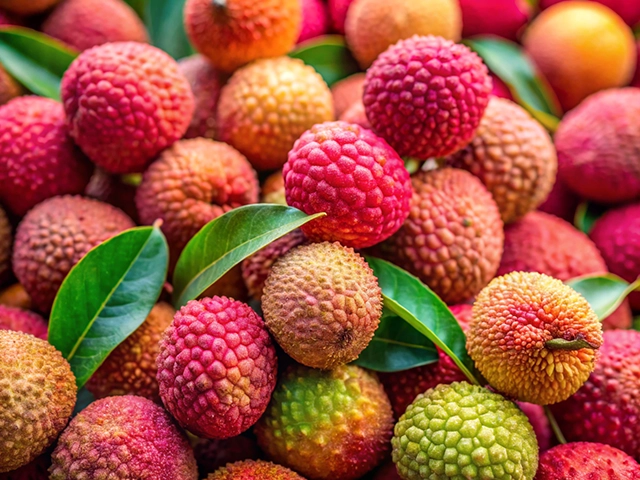 A vibrant assortment of lychee fruits in various shades of red, pink, and green, surrounded by green leaves.
