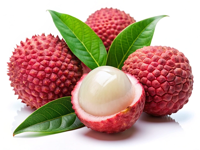 A cluster of ripe lychee fruits, featuring one lychee cut in half to reveal its translucent white flesh, surrounded by green leaves.