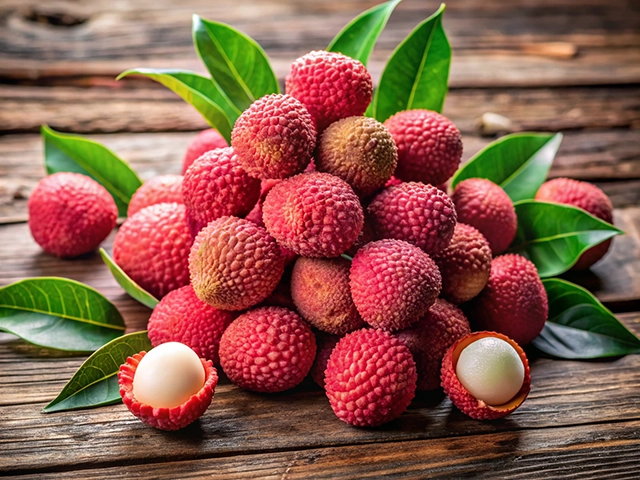 A pile of vibrant red lychee fruits resting on a wooden surface, with green leaves scattered around. One lychee is opened, revealing its white, fleshy interior.