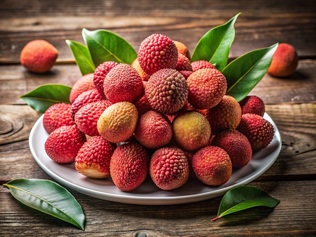 A mound of ripe lychee fruits on a white plate surrounded by green leaves, resting on a rustic wooden table.
