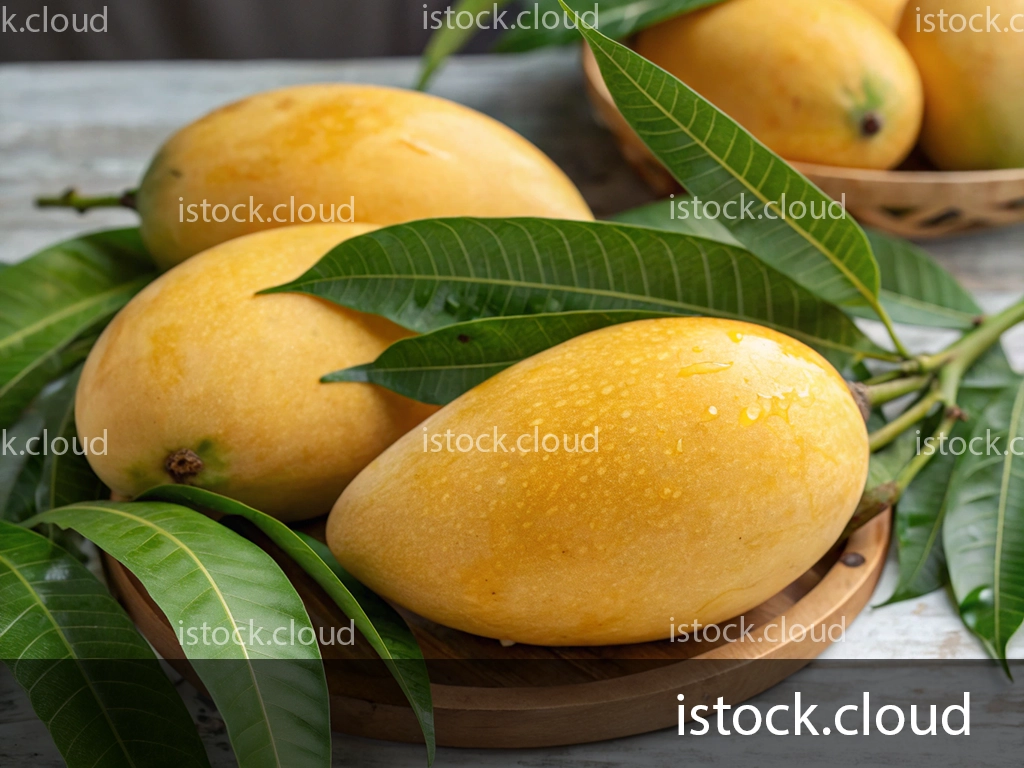 A close-up of ripe mangoes with a golden-yellow hue, resting on a wooden plate surrounded by fresh green leaves, showcasing water droplets on the fruit.