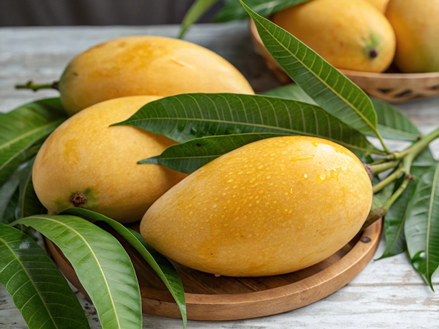 A close-up of ripe mangoes with a golden-yellow hue, resting on a wooden plate surrounded by fresh green leaves, showcasing water droplets on the fruit.