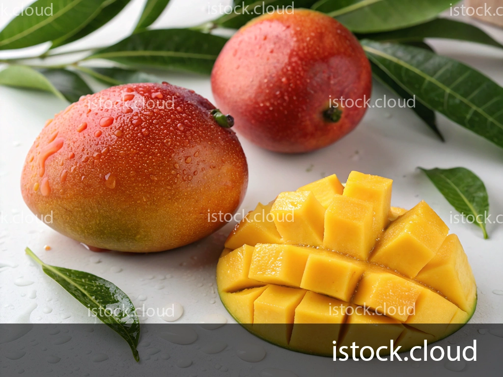 Two whole ripe mango fruits with a section of mango expertly sliced into cubes, revealing its golden flesh neatly. Green mango leaves are scattered around, and the background is a white surface with drops of water.