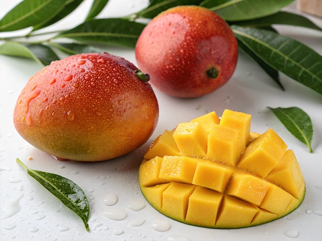 Two whole ripe mango fruits with a section of mango expertly sliced into cubes, revealing its golden flesh neatly. Green mango leaves are scattered around, and the background is a white surface with drops of water.