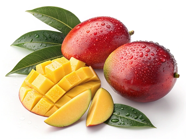 Two whole mangoes with water droplets on their surface, surrounded by fresh green leaves and sliced mango cubes on a white background.